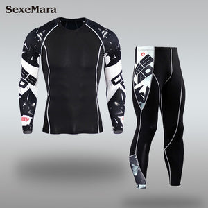 Mens Sport Running Set Compression T-Shirt + Pants Skin-Tight Long Sleeves Fitness Rashguard MMA Training Clothes Gym Yoga Suits