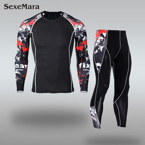 Mens Sport Running Set Compression T-Shirt + Pants Skin-Tight Long Sleeves Fitness Rashguard MMA Training Clothes Gym Yoga Suits