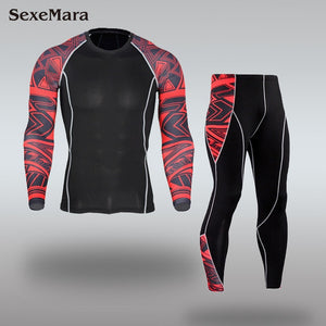 Mens Sport Running Set Compression T-Shirt + Pants Skin-Tight Long Sleeves Fitness Rashguard MMA Training Clothes Gym Yoga Suits