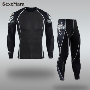 Mens Sport Running Set Compression T-Shirt + Pants Skin-Tight Long Sleeves Fitness Rashguard MMA Training Clothes Gym Yoga Suits