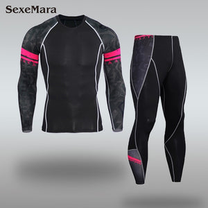 Mens Sport Running Set Compression T-Shirt + Pants Skin-Tight Long Sleeves Fitness Rashguard MMA Training Clothes Gym Yoga Suits