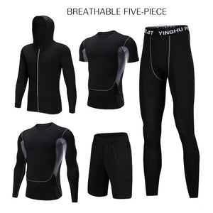 REXCHI 5 Pcs/Set Men's Tracksuit Sports Suit Gym Fitness Compression Clothes Running Jogging Sport Wear Exercise Workout Tights