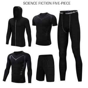 REXCHI 5 Pcs/Set Men's Tracksuit Sports Suit Gym Fitness Compression Clothes Running Jogging Sport Wear Exercise Workout Tights